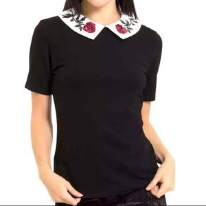 Black & Red Rose Collar Short Sleeve Blouse -12/14
